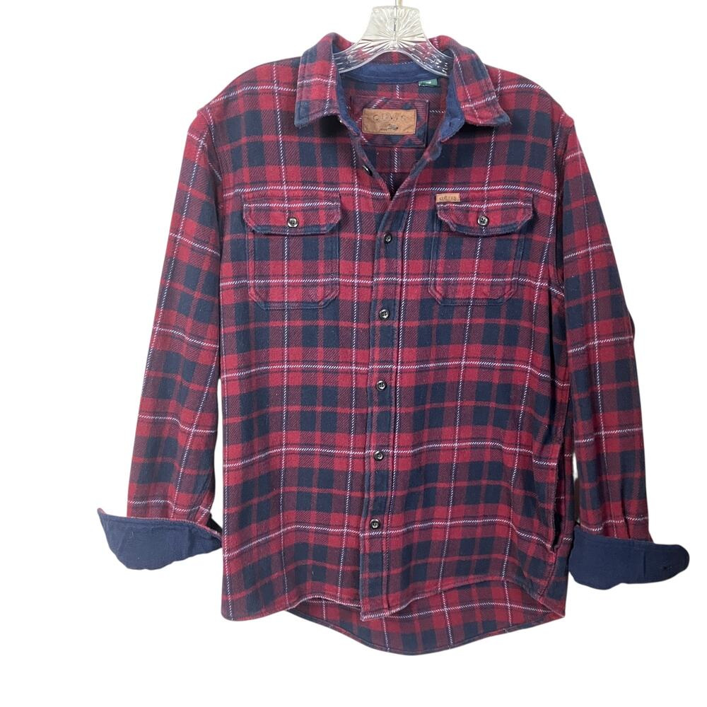 Orvis Thick Flannel Shacket Shirt Button Down Plaid Red Blue M Pockets Cotton